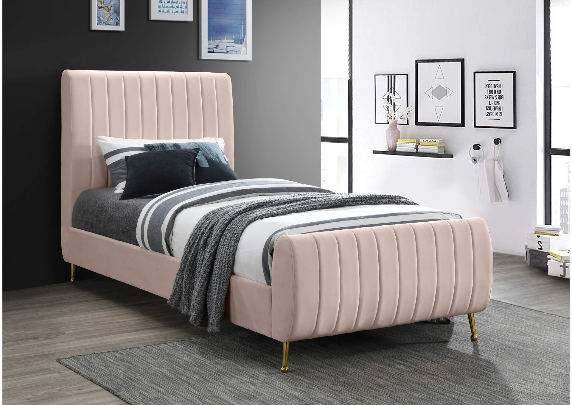 Zara Pink Velvet Twin Bed (3 Boxes),Meridian Furniture