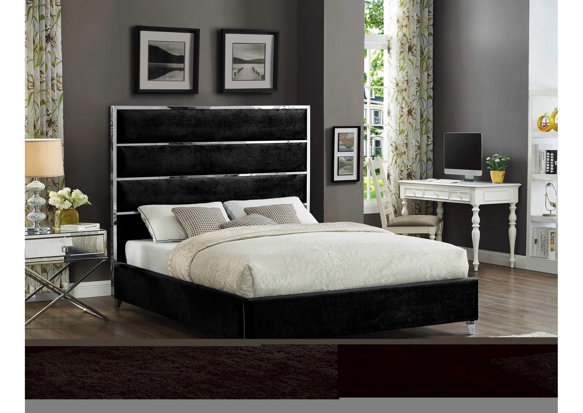 Zuma Black Velvet Queen Bed,Meridian Furniture