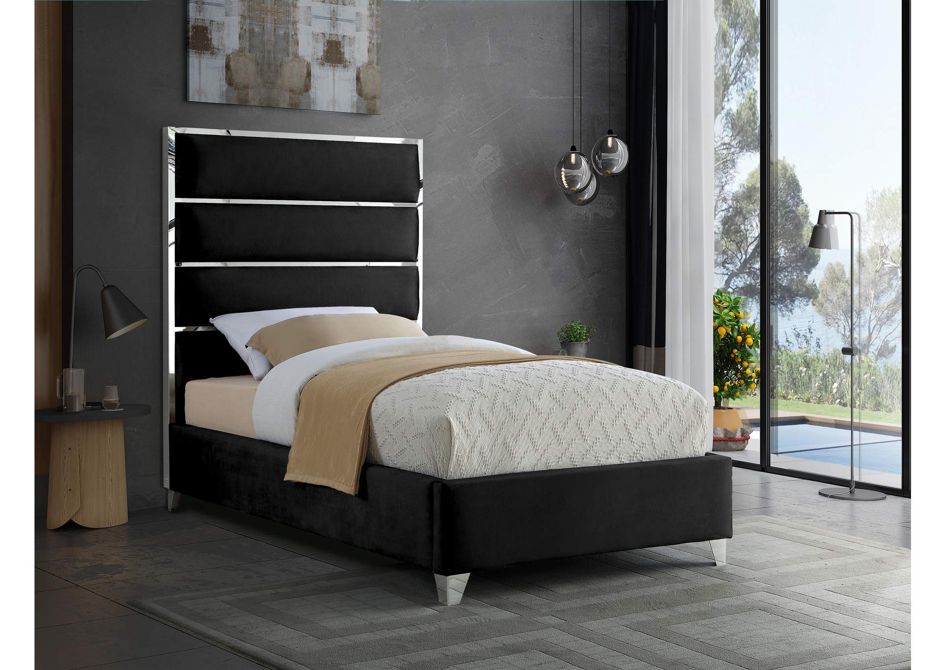 Zuma Black Velvet Twin Bed,Meridian Furniture