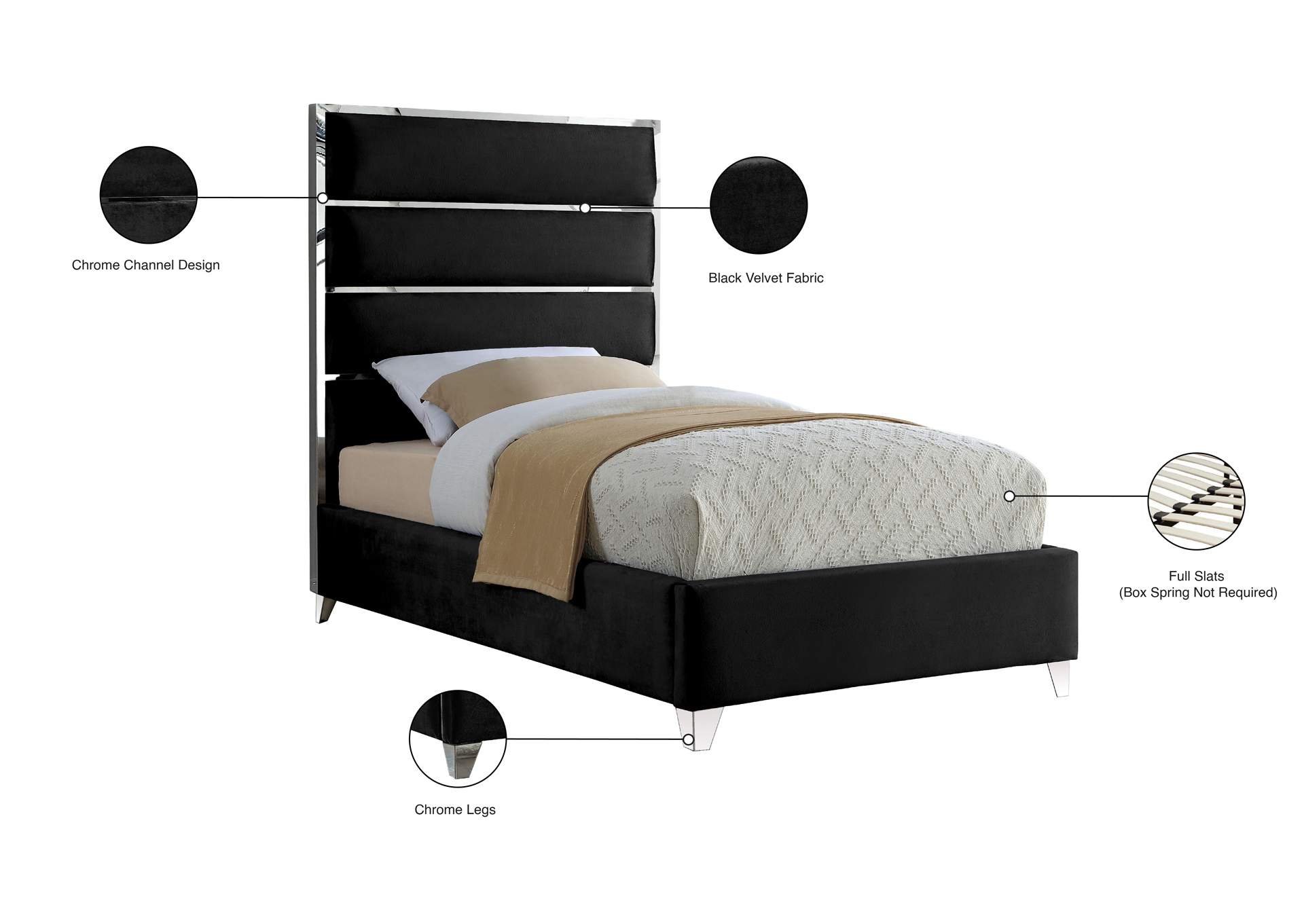 Zuma Black Velvet Twin Bed,Meridian Furniture