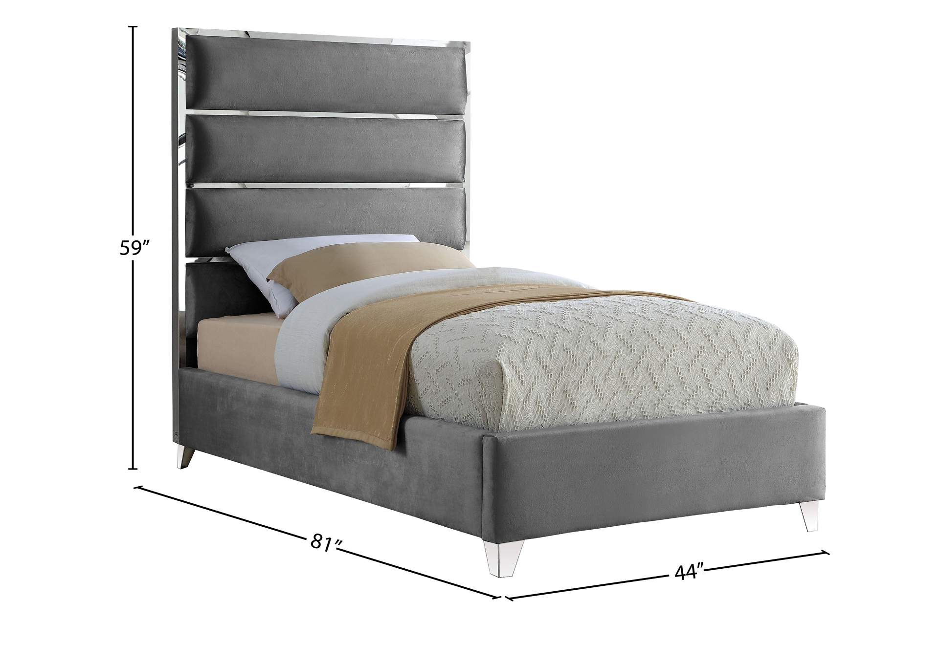 Zuma Grey Velvet Twin Bed,Meridian Furniture