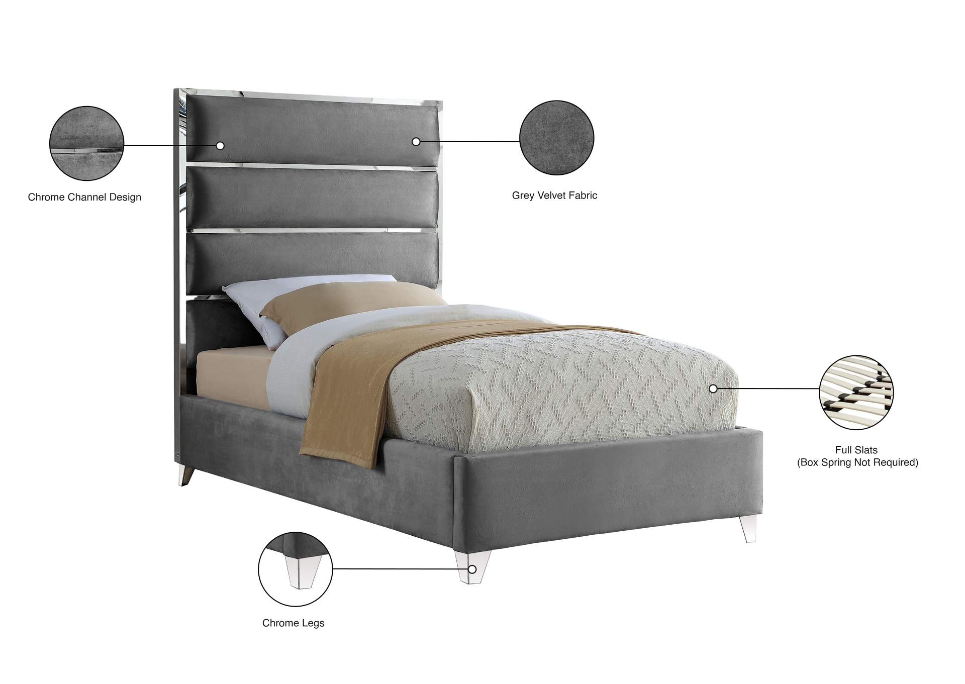 Zuma Grey Velvet Twin Bed,Meridian Furniture