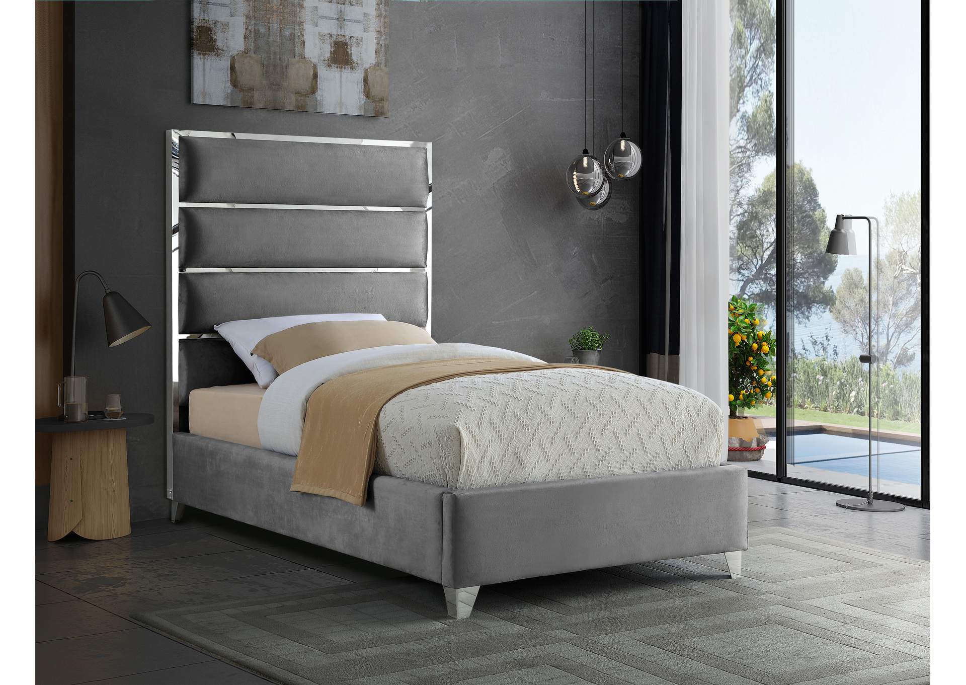 Zuma Grey Velvet Twin Bed,Meridian Furniture