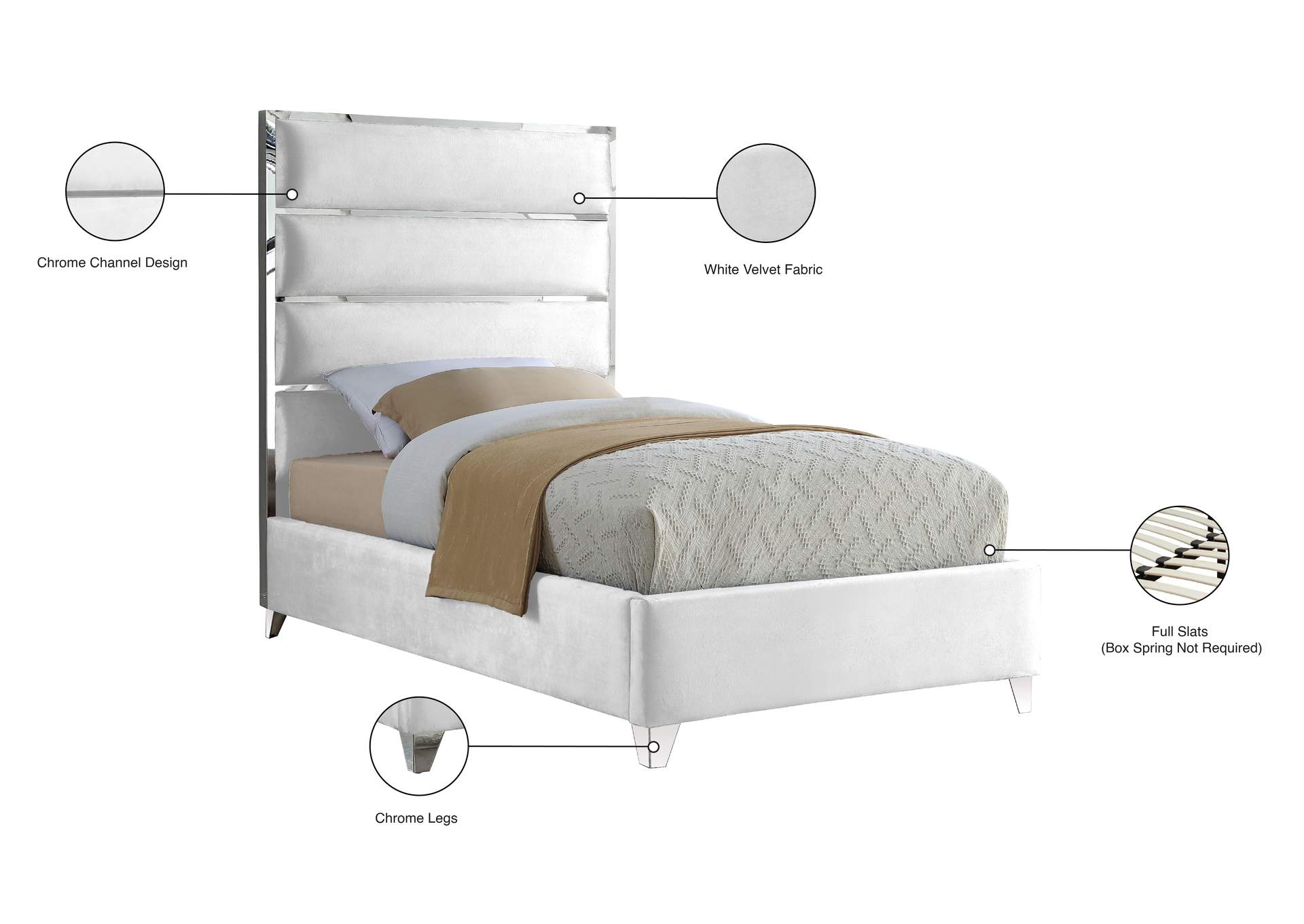 Zuma White Velvet Twin Bed,Meridian Furniture