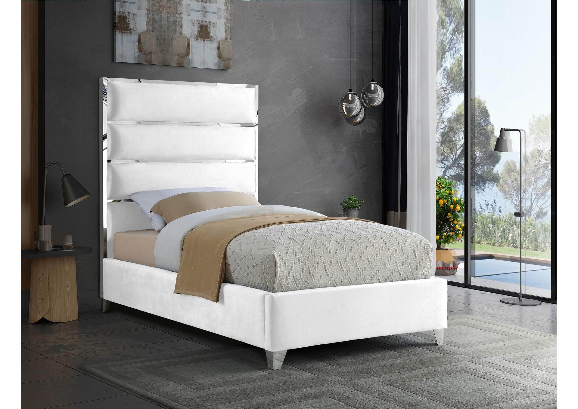 Zuma White Velvet Twin Bed,Meridian Furniture