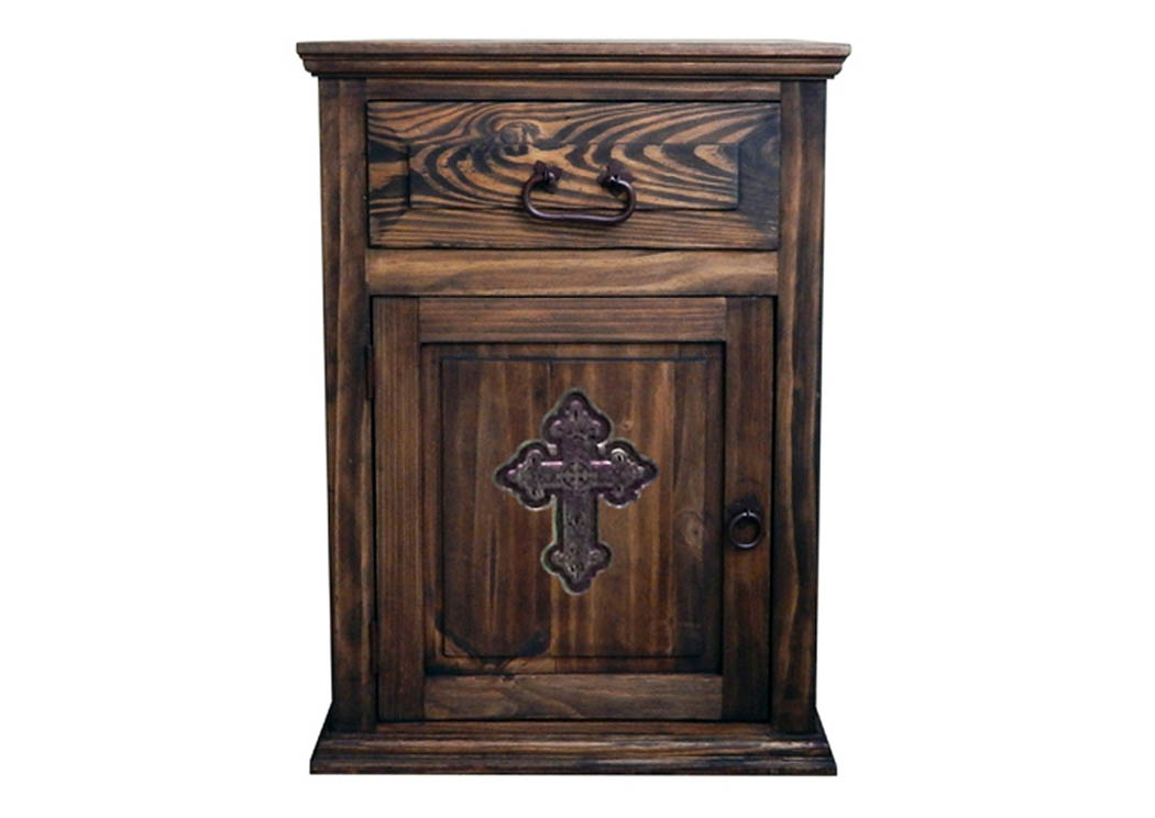 Medium Wax 1 Door 1 Drawer Nightstand w/Cross,Million Dollar Rustic