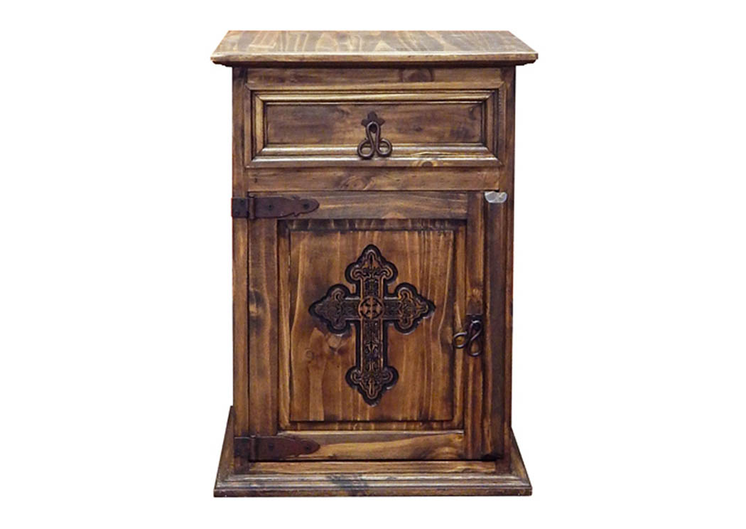 Medium Wax 1 Door 1 Drawer Nightstand w/Cross,Million Dollar Rustic