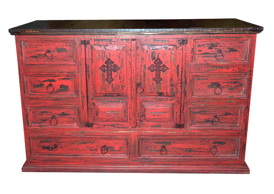 Red Scraped Dresser w/Cross,Million Dollar Rustic