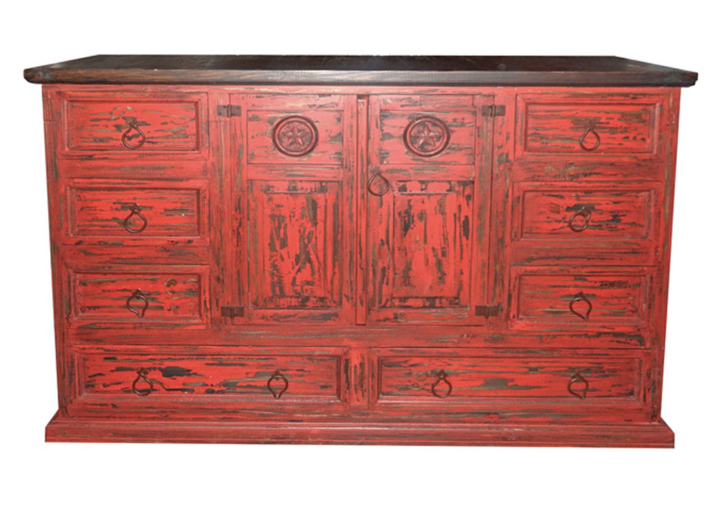 Red Scraped Dresser w/Star,Million Dollar Rustic