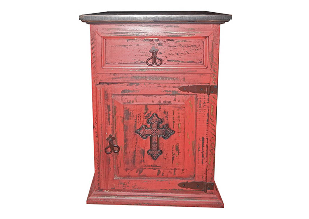 Red Scraped Nightstand w/Cross,Million Dollar Rustic