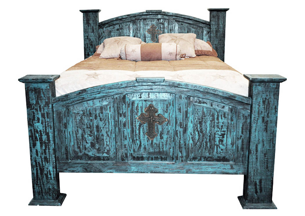 Turquoise Scraped Mansion King Bed w/Cross,Million Dollar Rustic