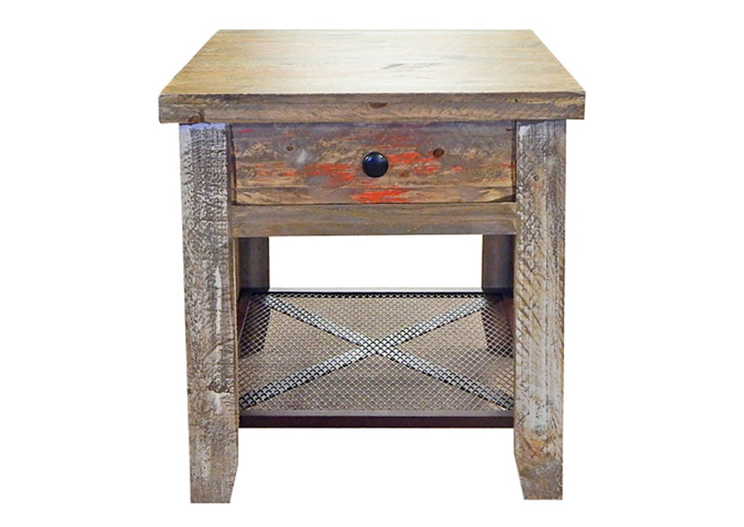 Horizon Multicolor End Table w/Drawer & Iron Mesh Shelf,Million Dollar Rustic