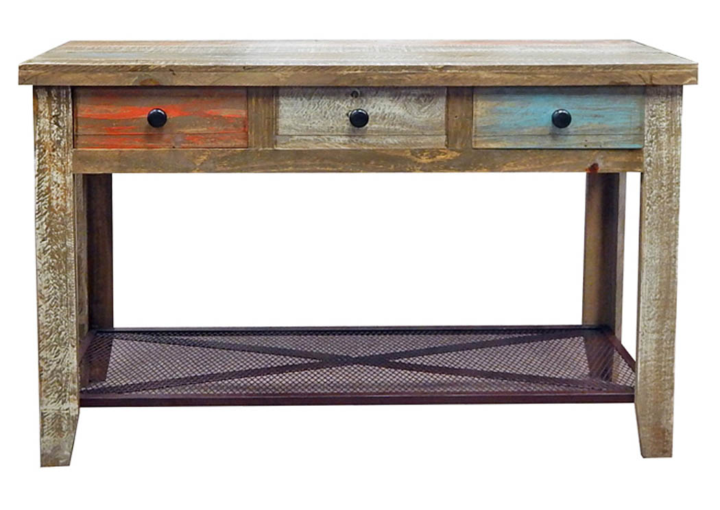 Horizon Multicolor Sofa Table w/3 Drawers & Iron Mesh Shelf,Million Dollar Rustic