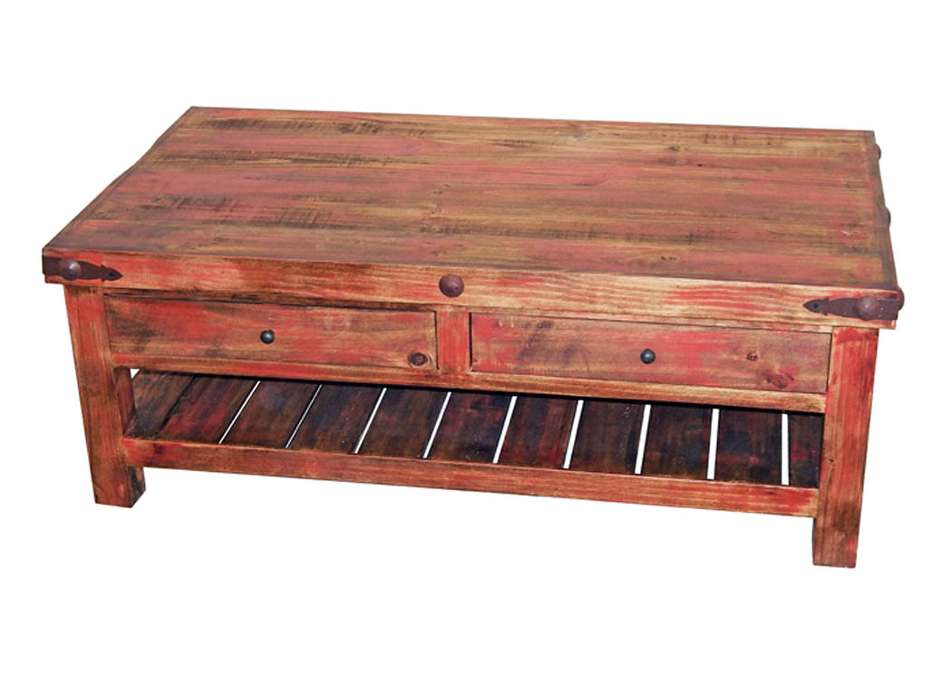 Red Rubbed Cocktail Table w/2 Drawers & Shelf,Million Dollar Rustic