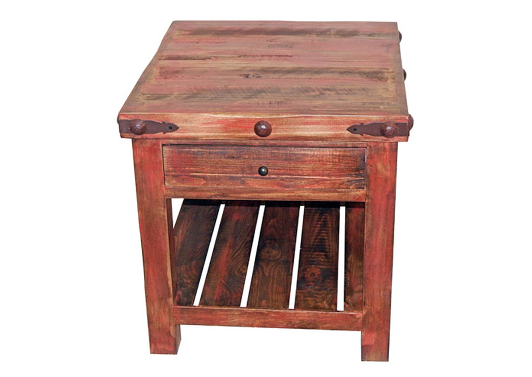 Red Rubbed End Table w/Drawer & Shelf,Million Dollar Rustic