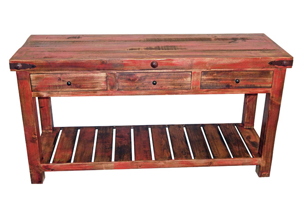 Red Rubbed Sofa Table w/3 Drawers & Shelf,Million Dollar Rustic