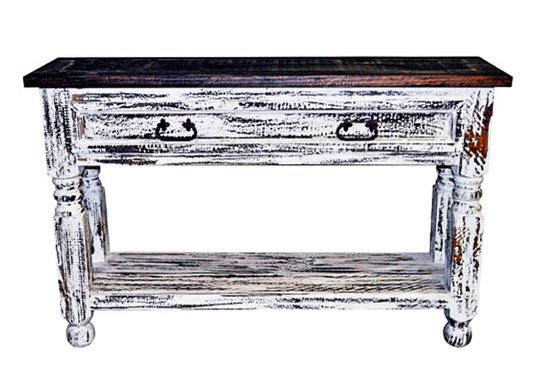 White Scraped Lyon Sofa Table w/Drawer & Shelf,Million Dollar Rustic