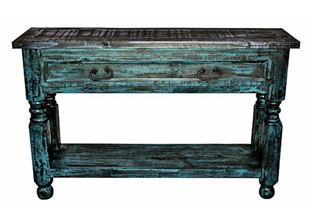 Turquoise Scrape Lyon Sofa Table w/Drawer & Shelf,Million Dollar Rustic