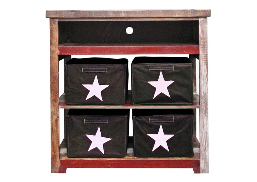 Red Slatted TV Stand w/4 Canvas Storage Bins,Million Dollar Rustic