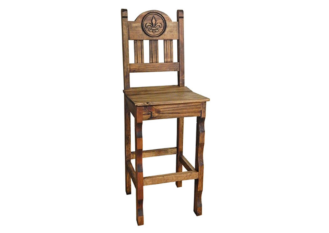 30" Medium Wax Barstool w/Fleur De Lis,Million Dollar Rustic