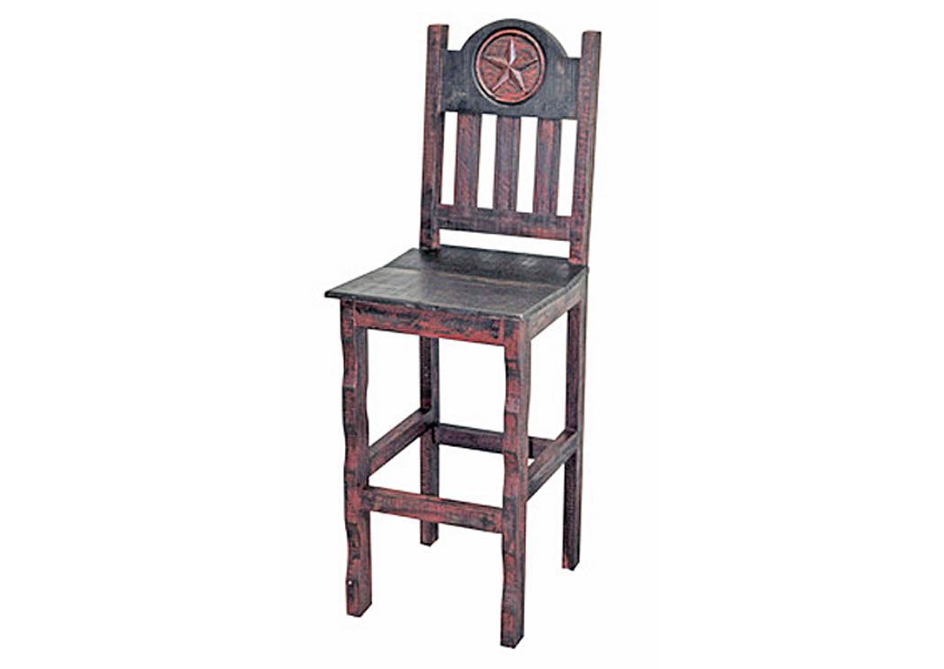 30" Red Scraped Wood Barstool w/Star,Million Dollar Rustic