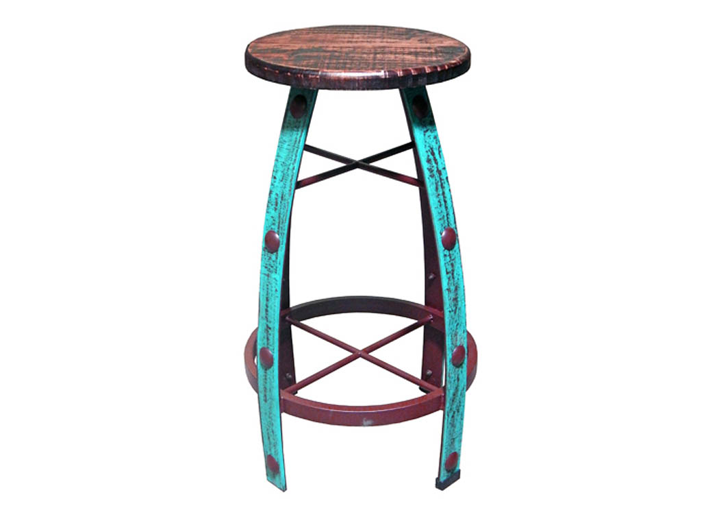 30" Iron & Aqua Scraped Wood Barstool w/Concho Accents,Million Dollar Rustic