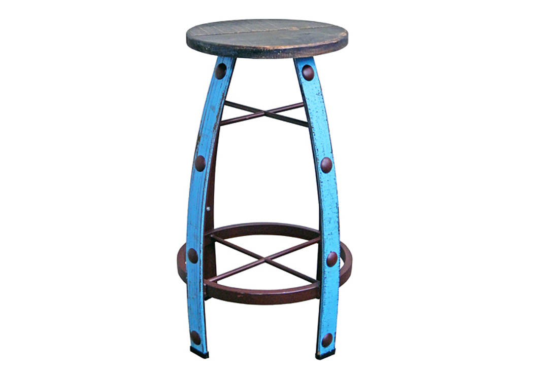 30" Iron & Light Blue Scraped Wood Barstool w/Concho Accents,Million Dollar Rustic