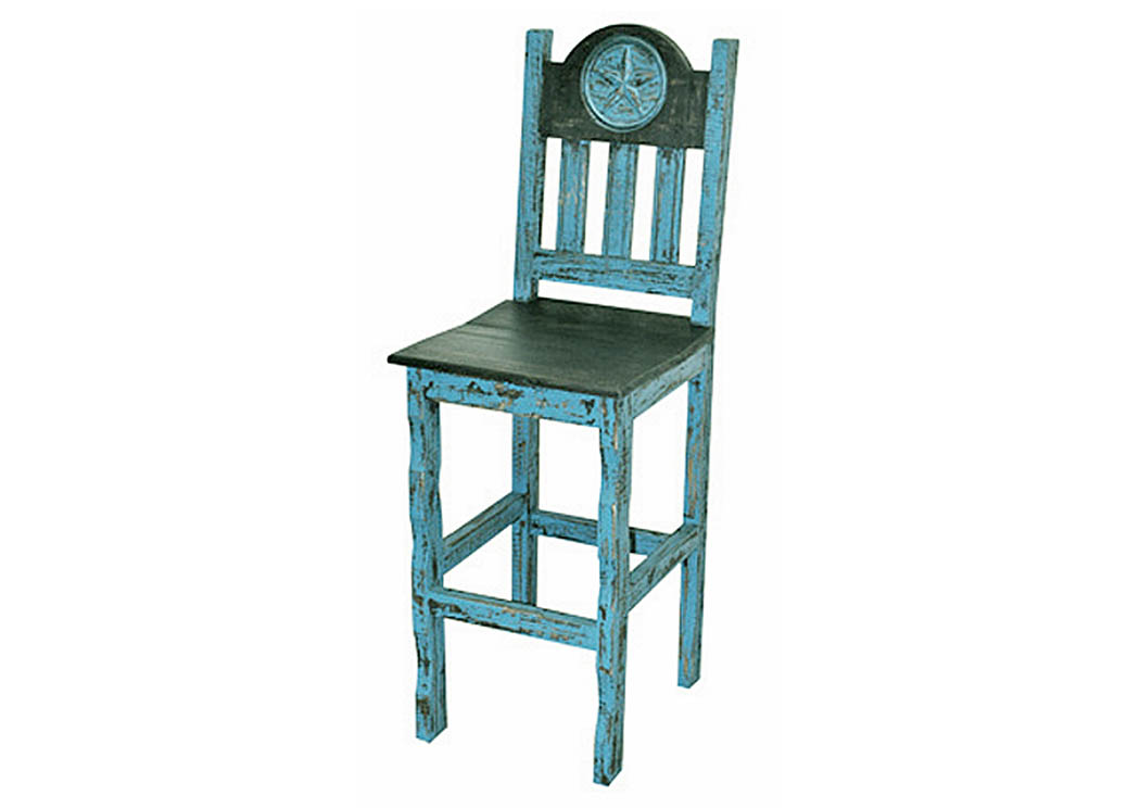 30" Turquoise Scraped Wood Barstool w/Star,Million Dollar Rustic