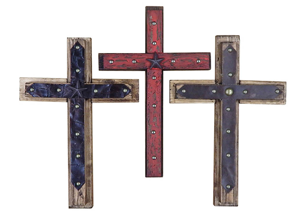 Small Wood/Leather Crosses W7.5" x H11" x D1.5",Million Dollar Rustic