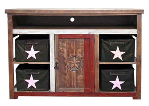 Image for Red Slatted Star TV Stand w/Door & 4 Canvas Storage Bins