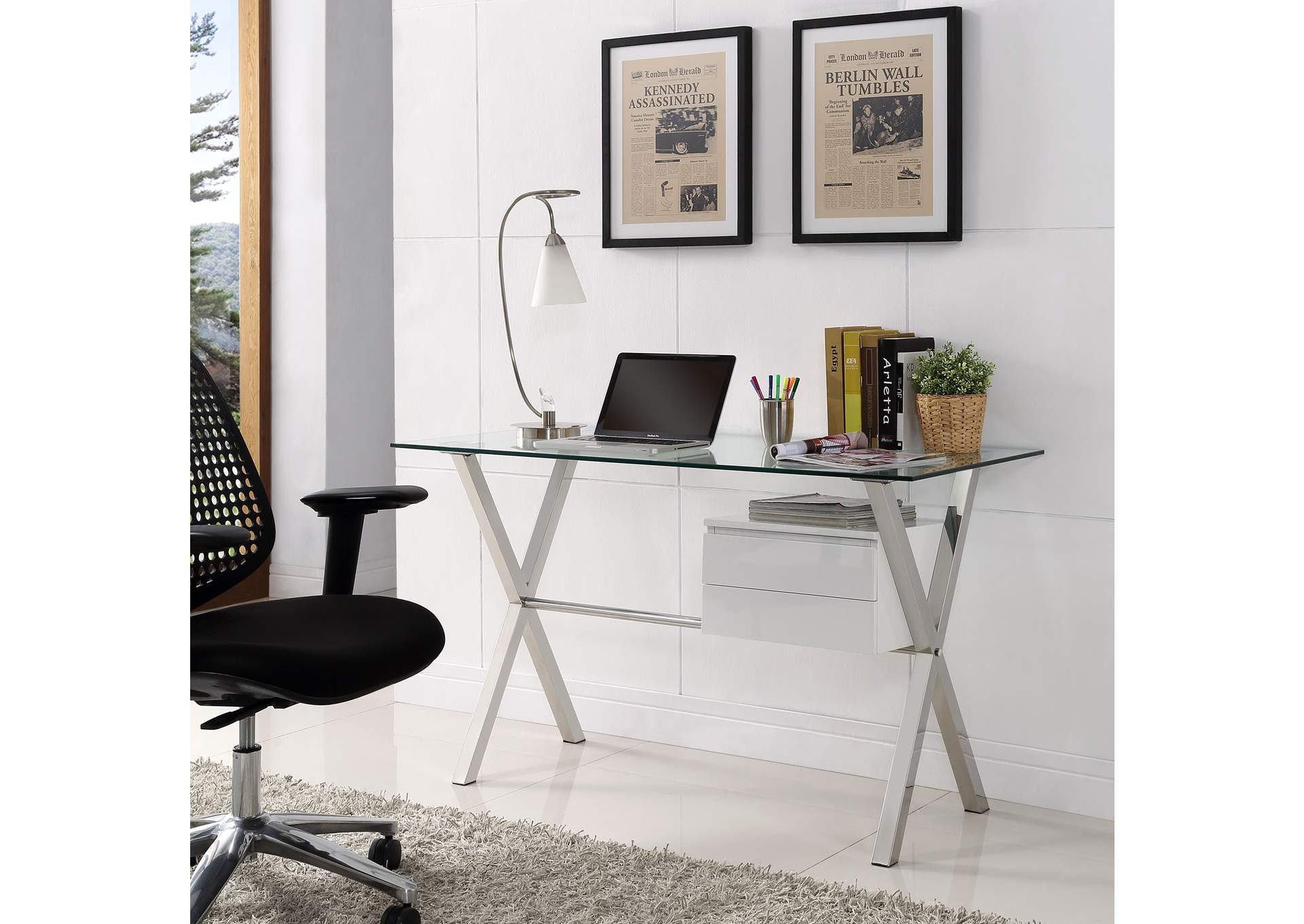 White Stasis Glass Top Office Desk,Modway