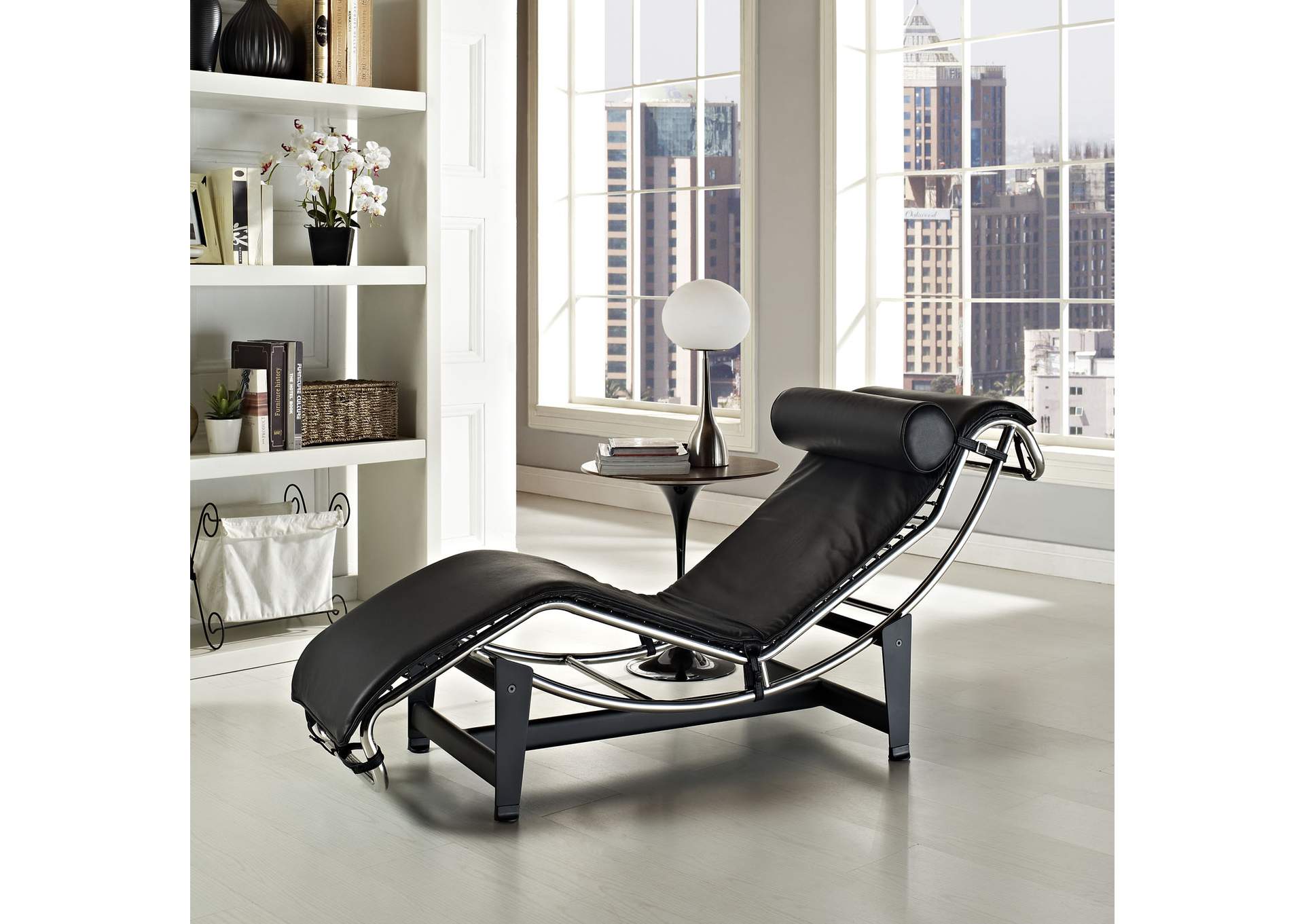 Black Charles Leather Chaise Lounge,Modway