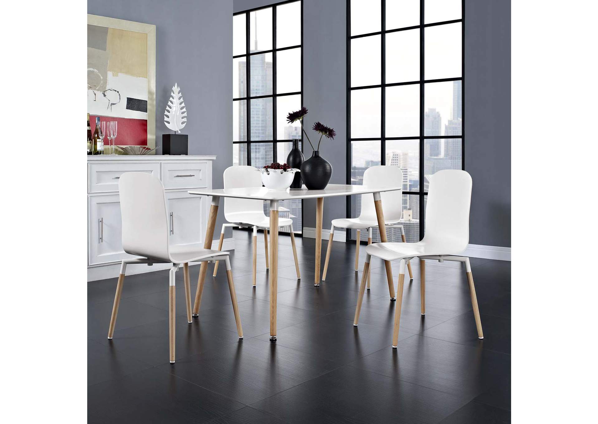 White Stack Dining Chairs and Table Wood [Set of 5],Modway