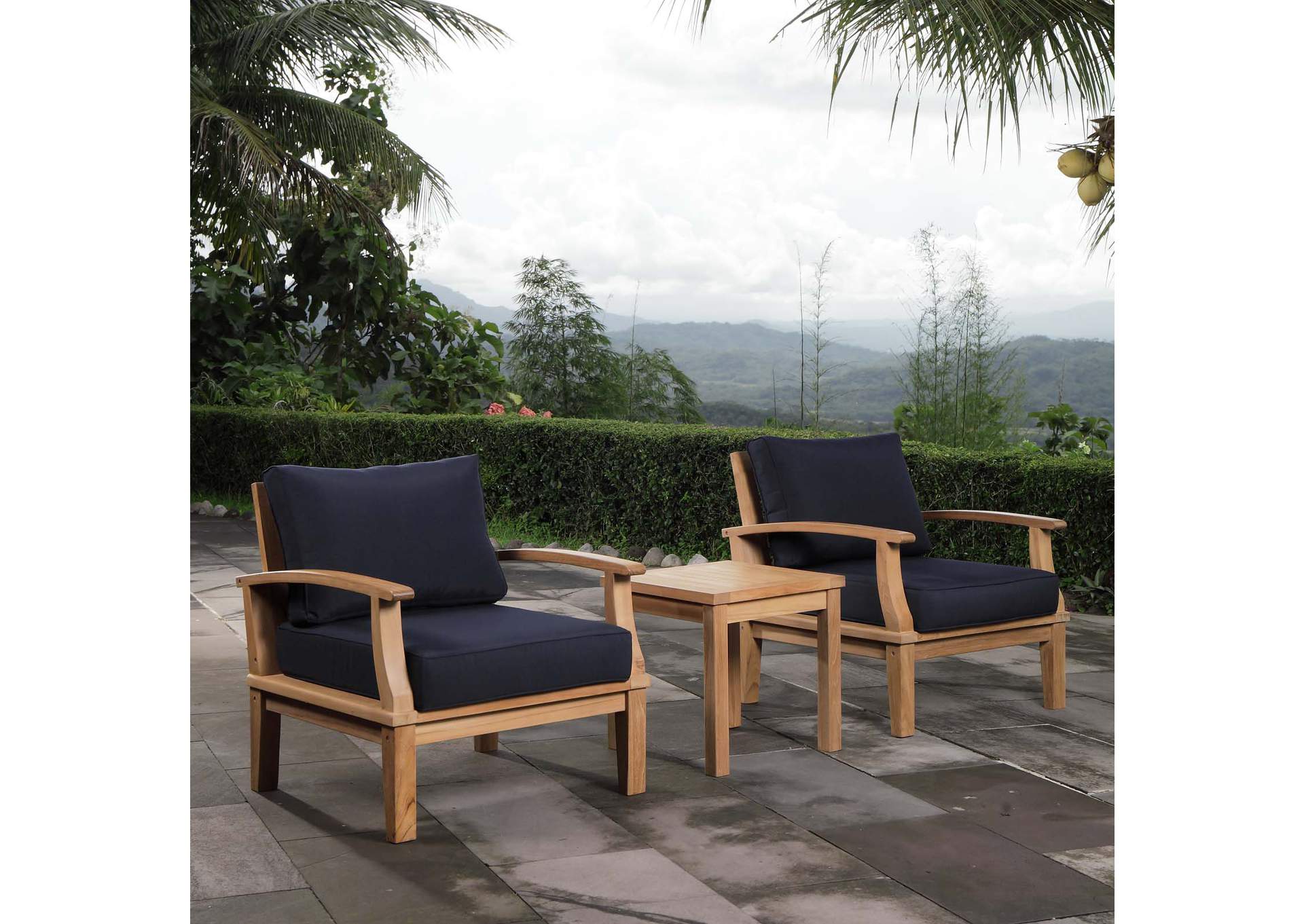 Marina Natural Navy 3 Piece Outdoor Patio Teak Set,Modway