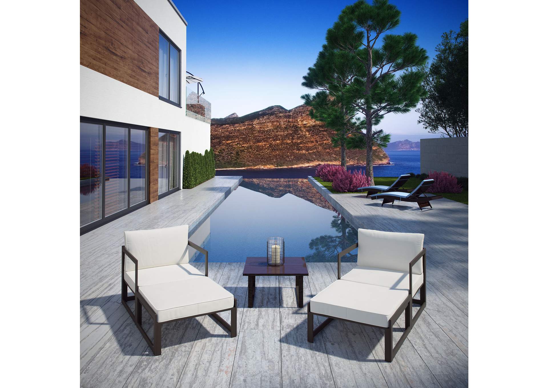 Fortuna Brown White 5 Piece Outdoor Patio Sectional Sofa Set,Modway