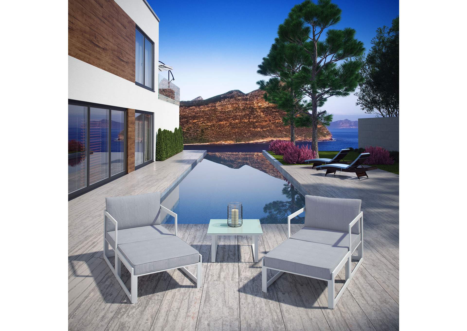 Fortuna White Gray 5 Piece Outdoor Patio Sectional Sofa Set,Modway