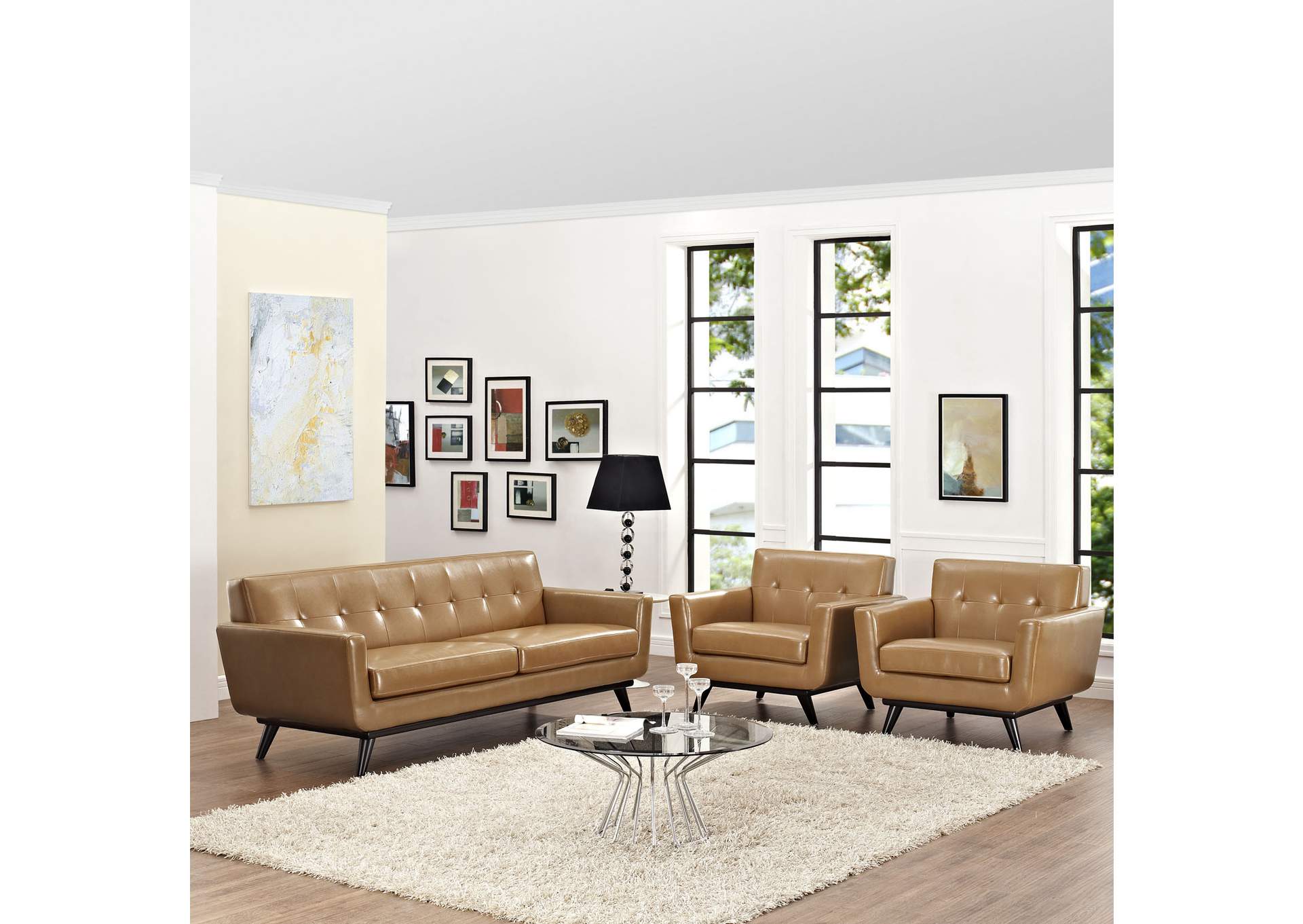 Tan Engage 3 Piece Leather Living Room Set,Modway