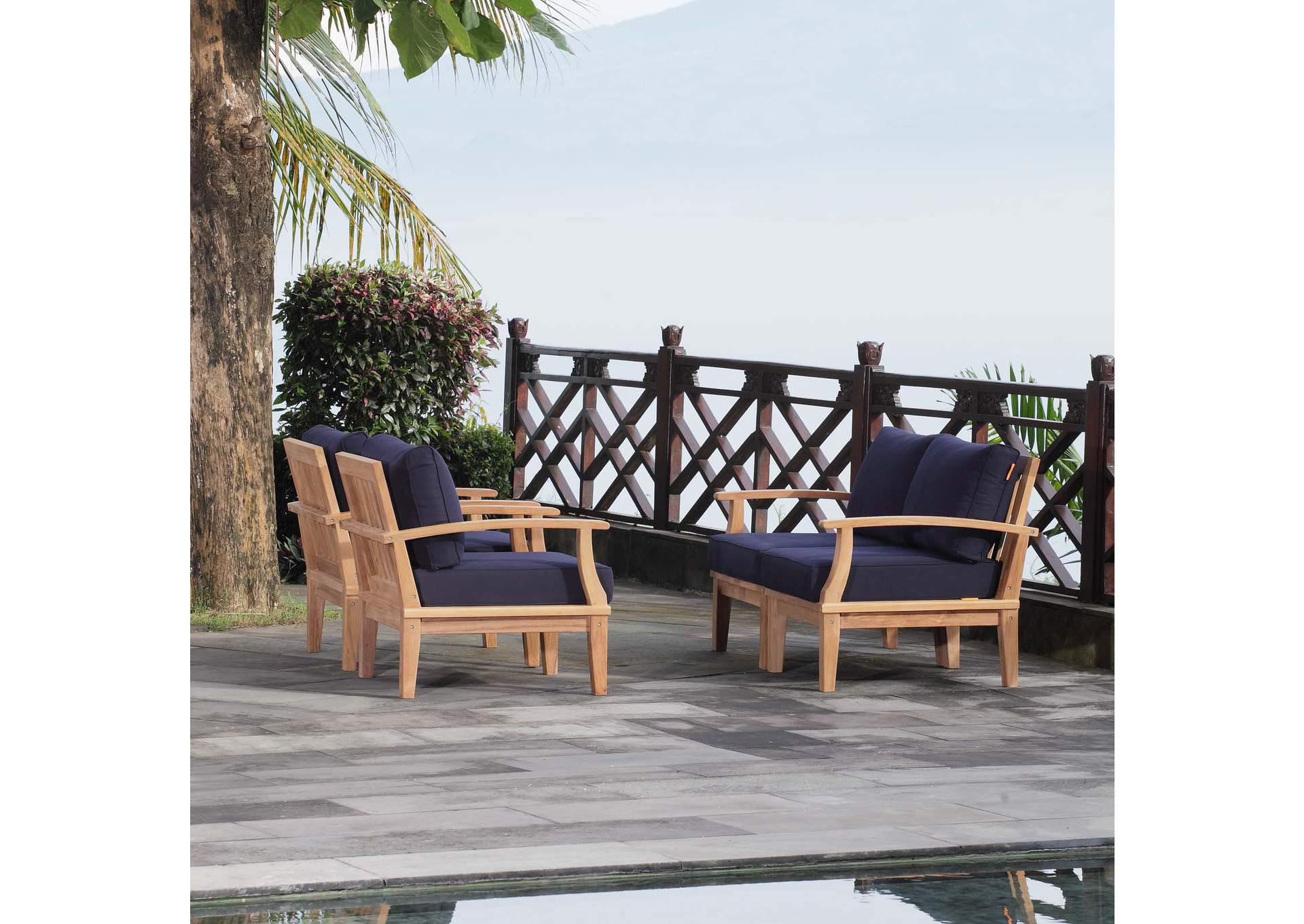 Marina Natural Navy 4 Piece Outdoor Patio Teak Set,Modway