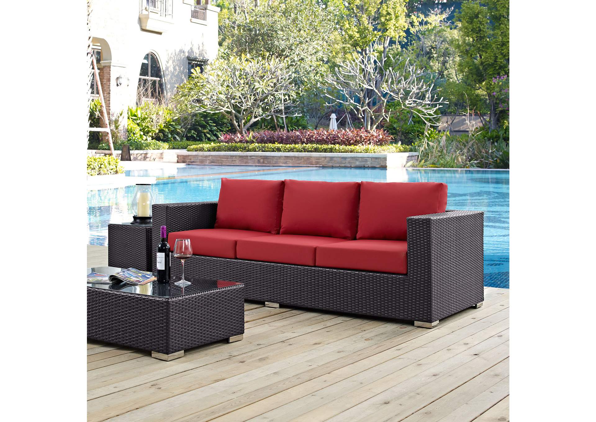 Espresso Red Convene Outdoor Patio Sofa,Modway