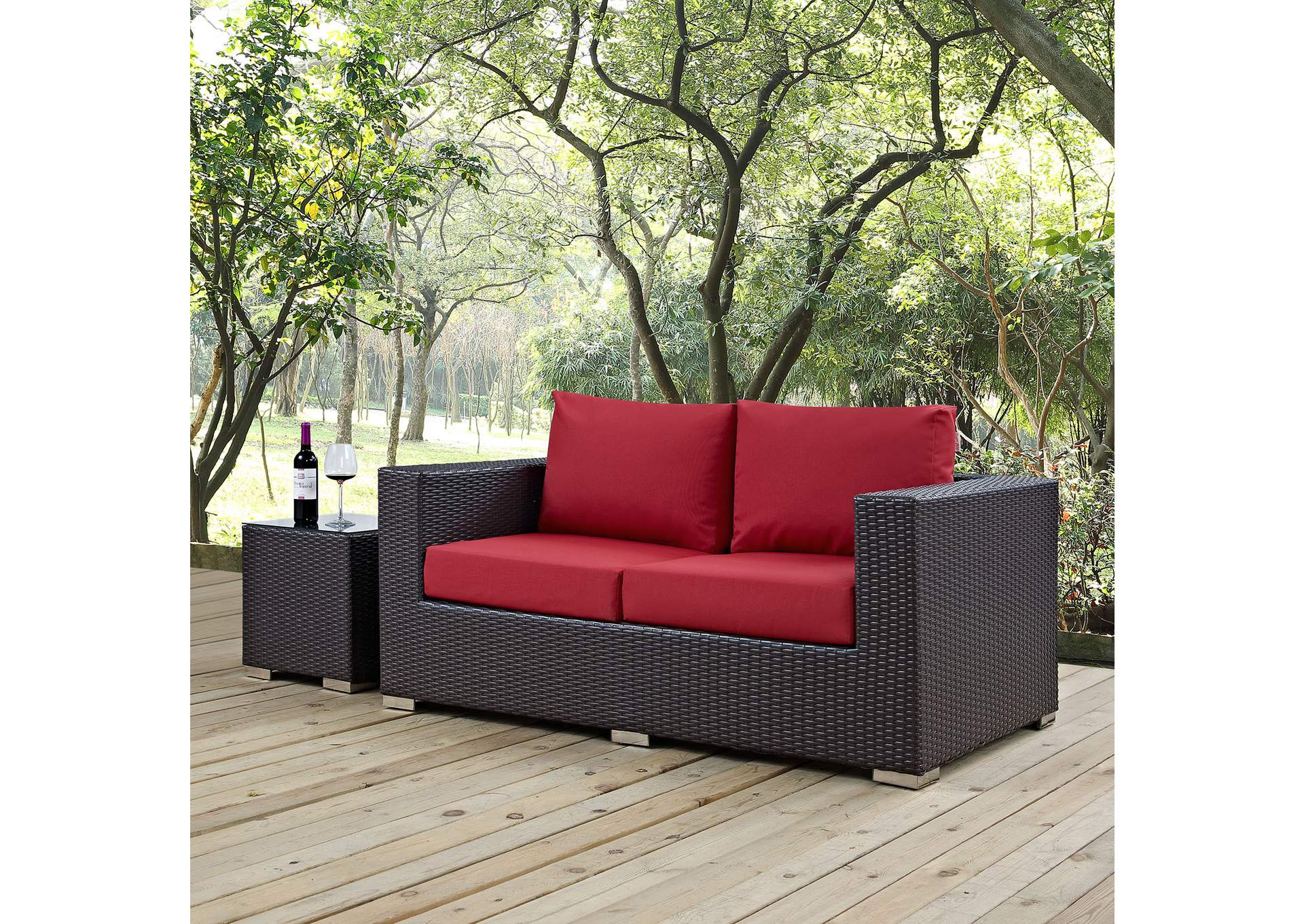 Espresso Red Convene Outdoor Patio Loveseat,Modway