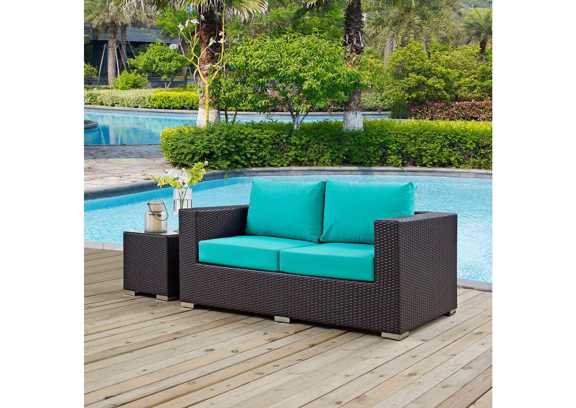 Espresso Turquoise Convene Outdoor Patio Loveseat,Modway