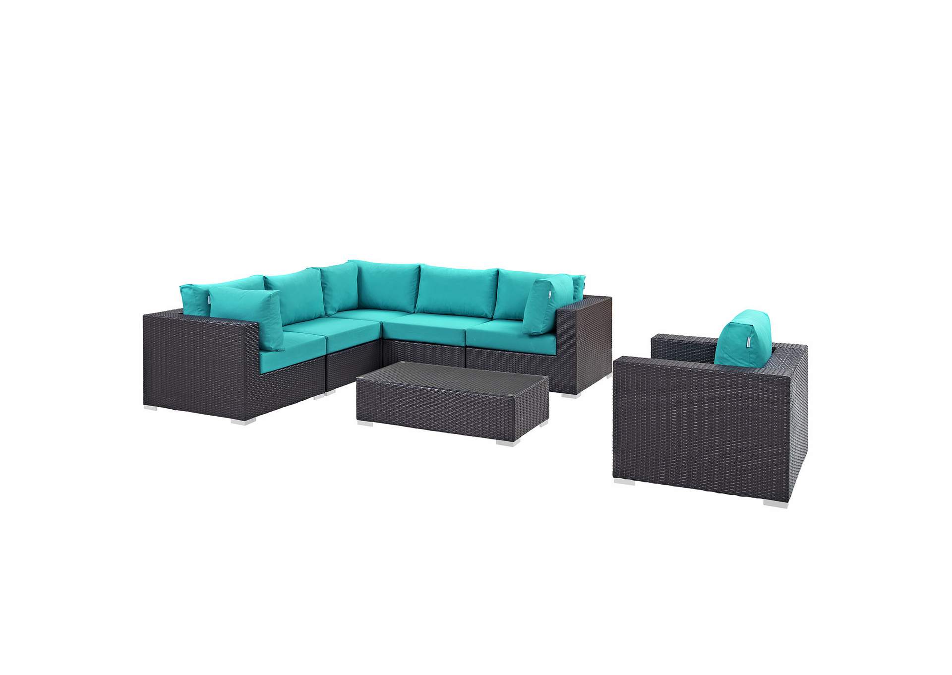 Convene Espresso Turquoise 7 Piece Outdoor Patio Sectional Set,Modway