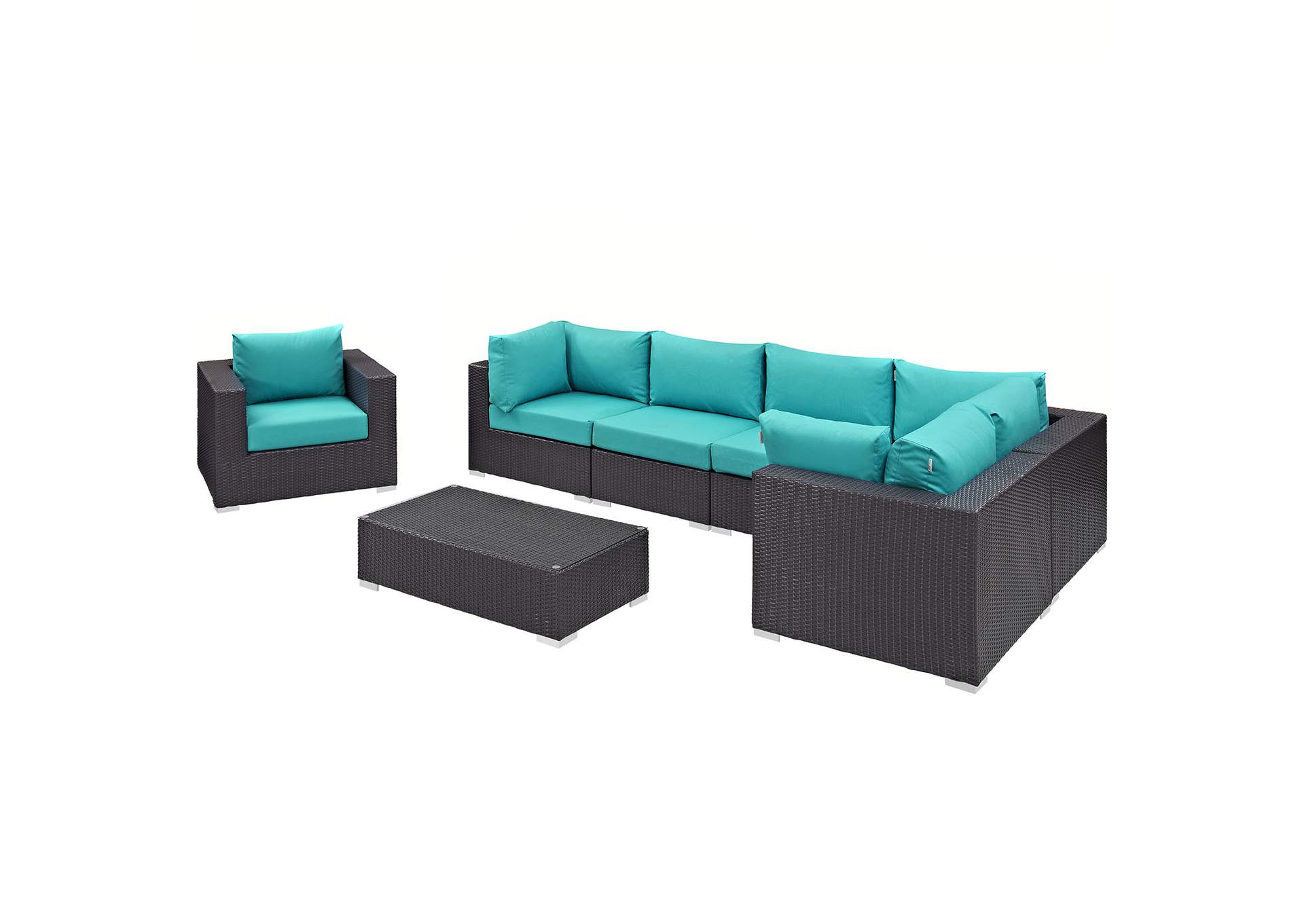 Convene Espresso Turquoise 7 Piece Outdoor Patio Sectional Set,Modway