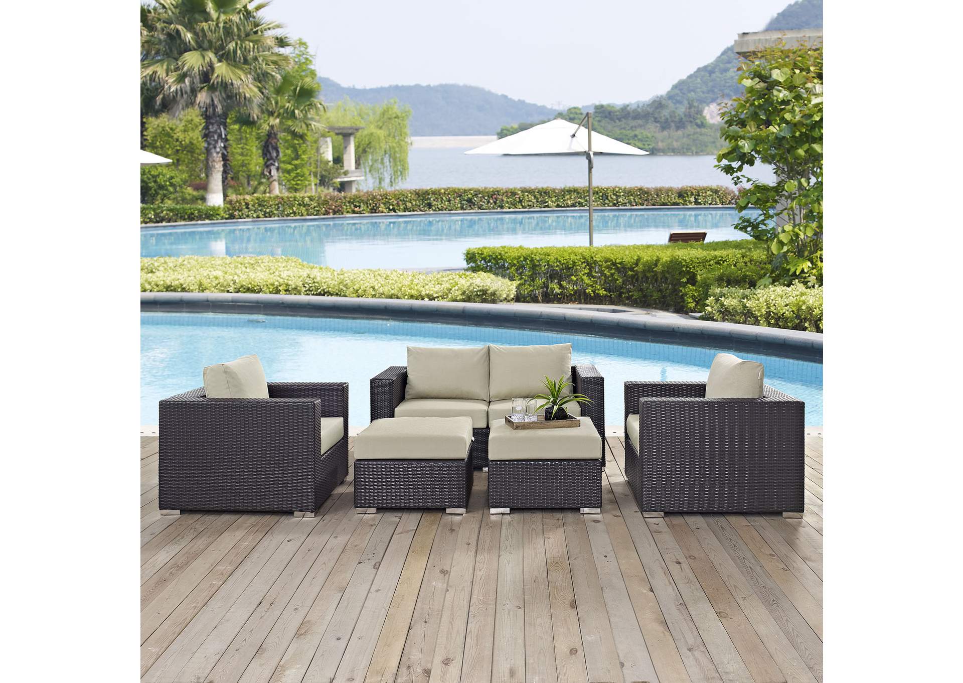 Convene Espresso Beige 5 Piece Outdoor Patio Sofa Set,Modway