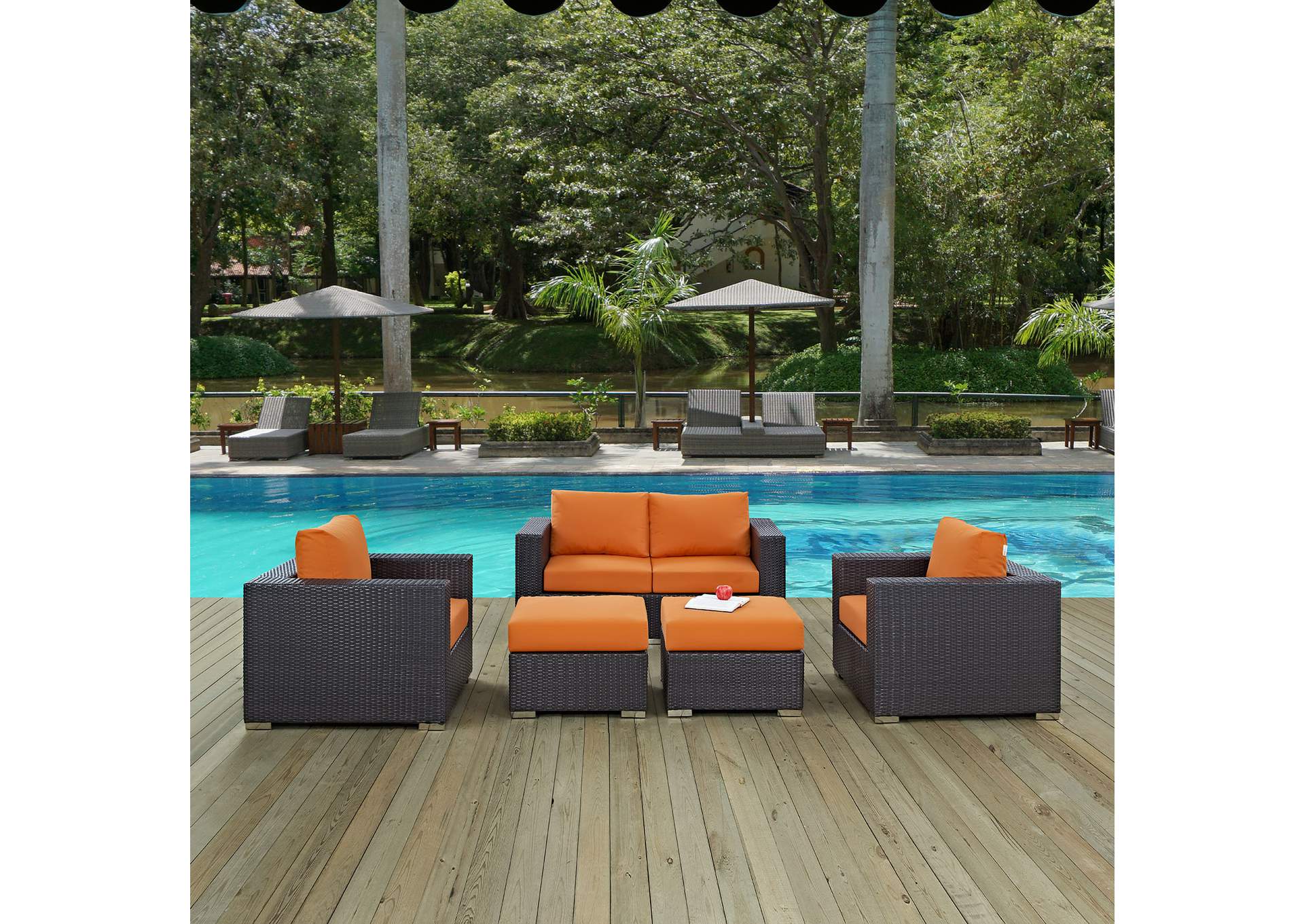 Convene Espresso Orange 5 Piece Outdoor Patio Sofa Set,Modway