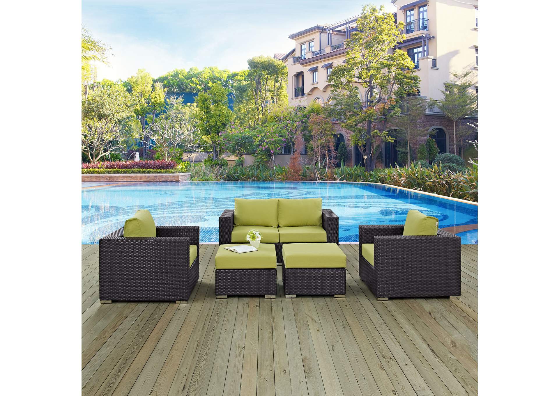 Convene Espresso Peridot 5 Piece Outdoor Patio Sofa Set,Modway