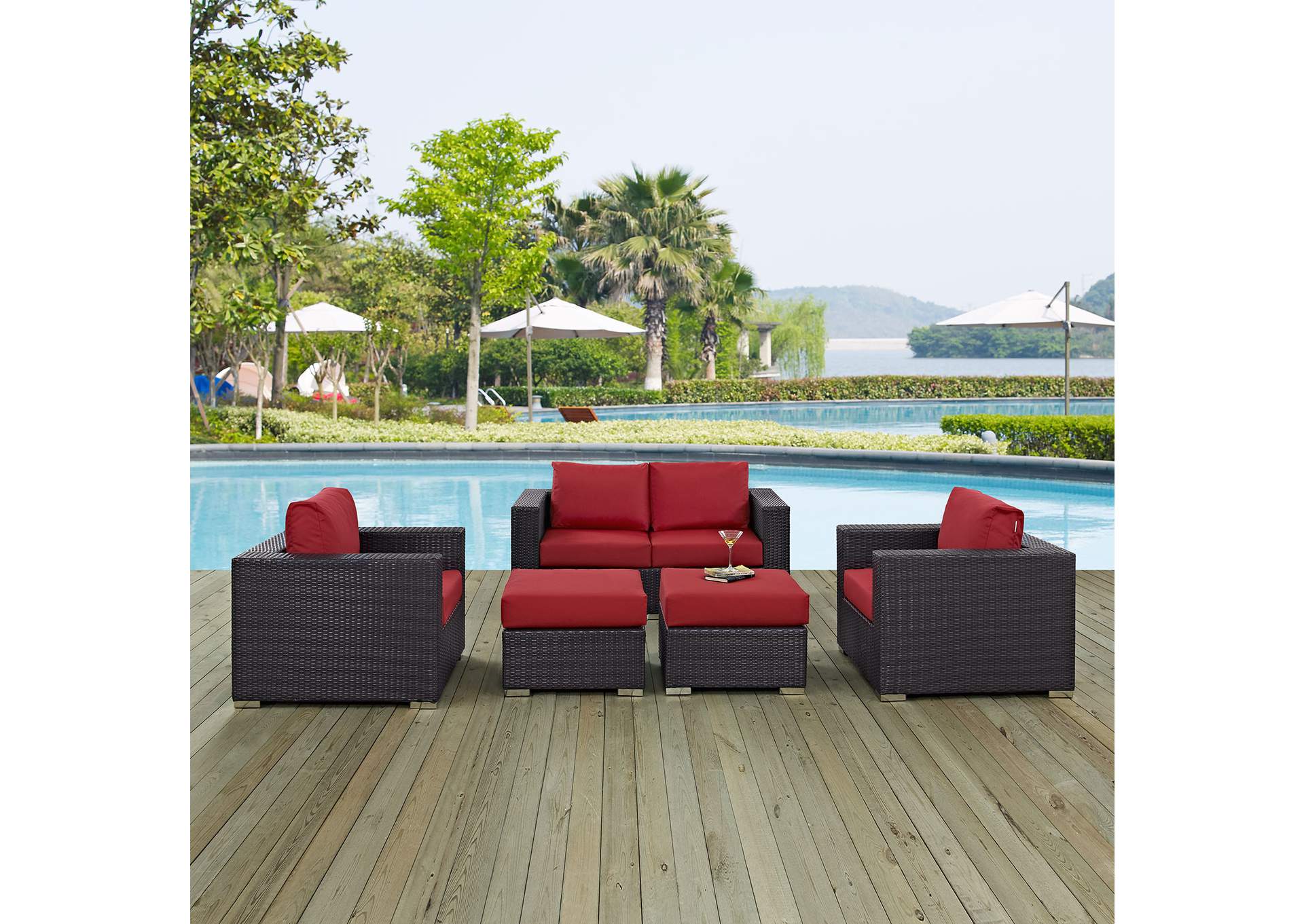 Convene Espresso Red 5 Piece Outdoor Patio Sofa Set,Modway