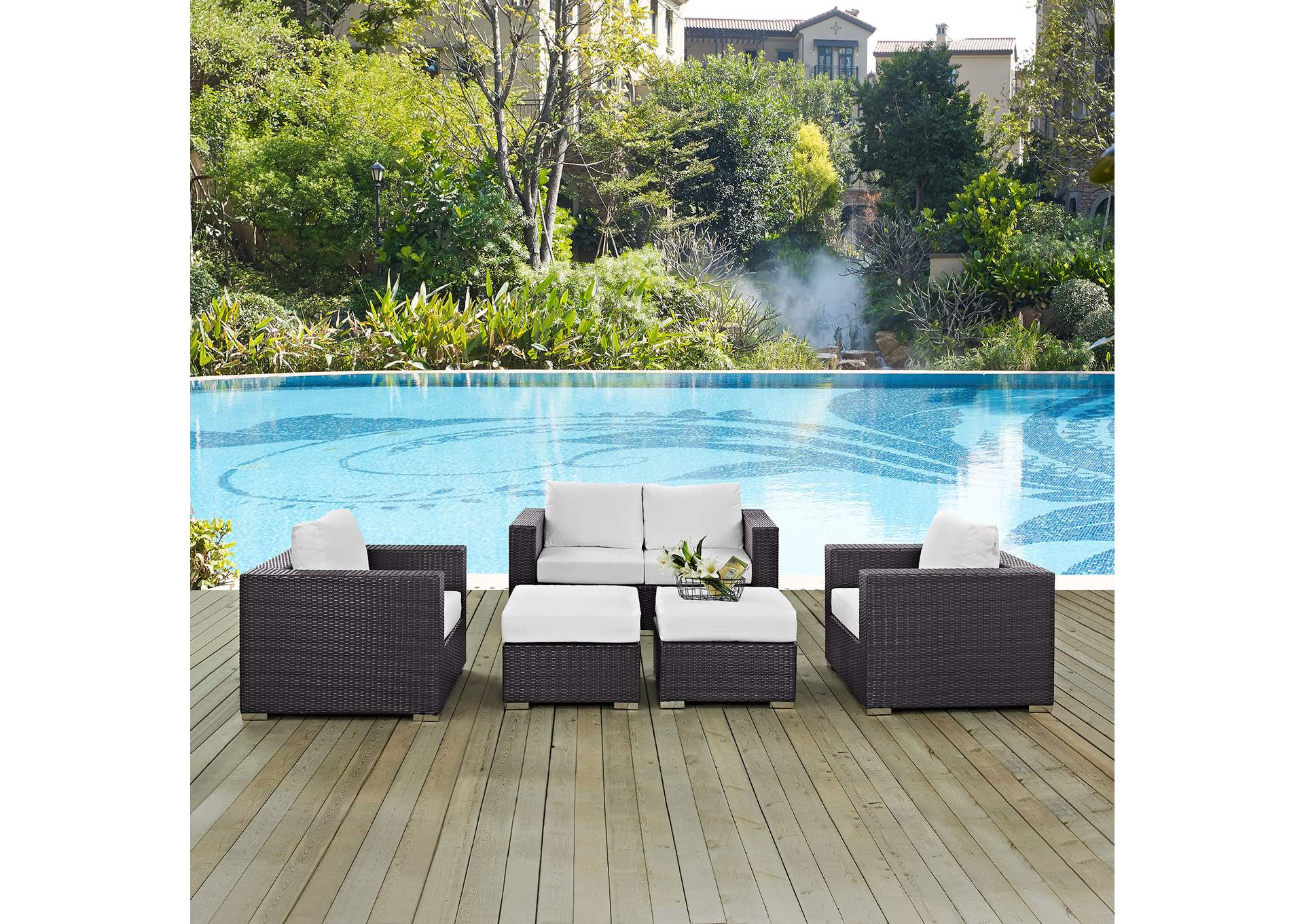 Convene Espresso White 5 Piece Outdoor Patio Sofa Set,Modway