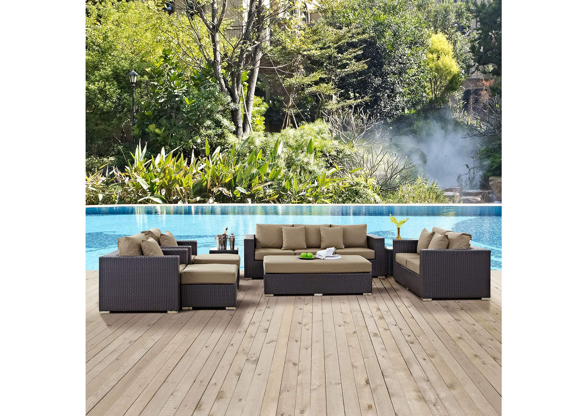 Convene Espresso Mocha 9 Piece Outdoor Patio Sofa Set,Modway