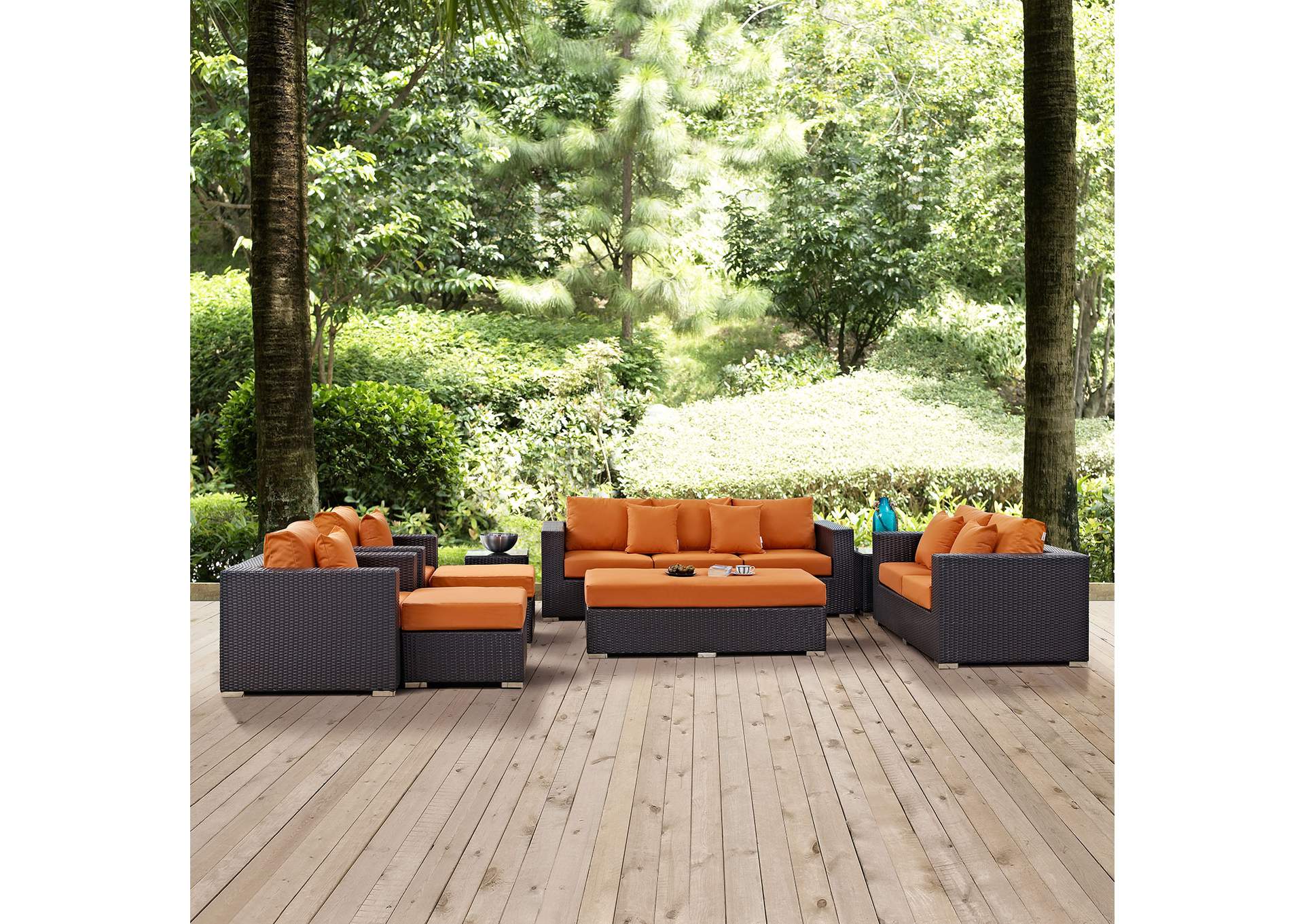 Convene Espresso Orange 9 Piece Outdoor Patio Sofa Set,Modway